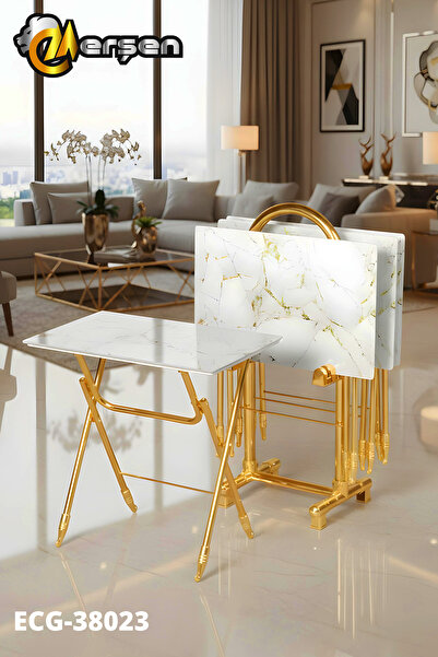 Erşen Sehpa Eranş Serisi 4'lü Katlanır CAM Beyaz Mermer Desen Çanta Zigon Sehpa Gold Ayak
