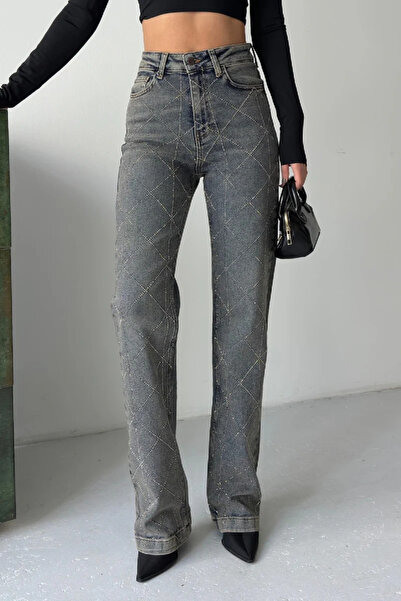 Coşkun GİYİM Women's High Waist Diamond Pattern Stone Denim Trousers Dark Blue 7106-28