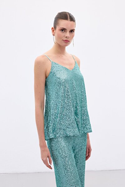 Sateen Sequin Detailed Strap Blouse - Mint