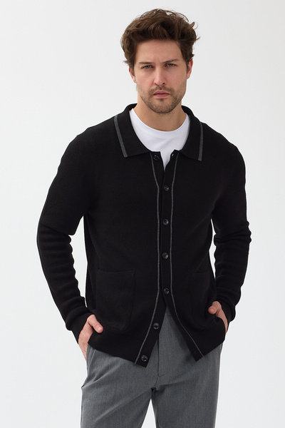 Frappoli Loix Men's Black Cotton Blend Thessaloniki Knitted Cardigan with Pocket Pockets