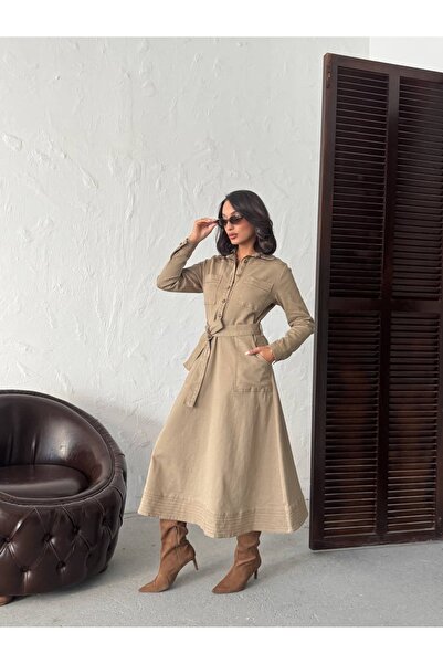 Miss Prova Μακρύ τζιν φόρεμα με λεπτομέρεια τσέπης με κουμπιά και ζώνη MISSELB942