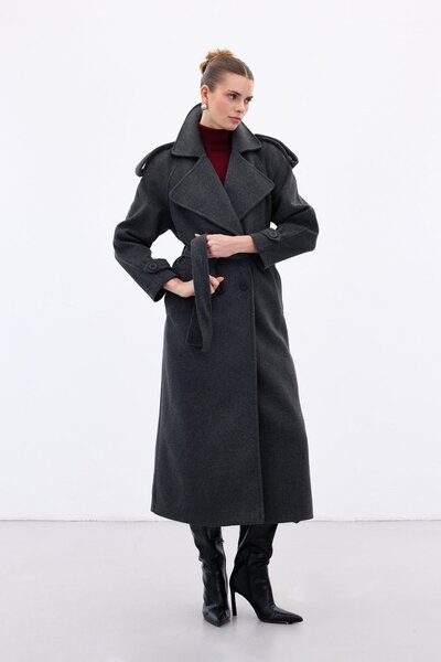 Sateen Широкий комір, довгий пальто - антрацит