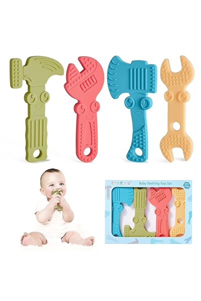 Pitikot Set 4 Jucarii de Dentitie Pitikot® – Ciocan, Topor, Cheie, silicon moale, bebelusi