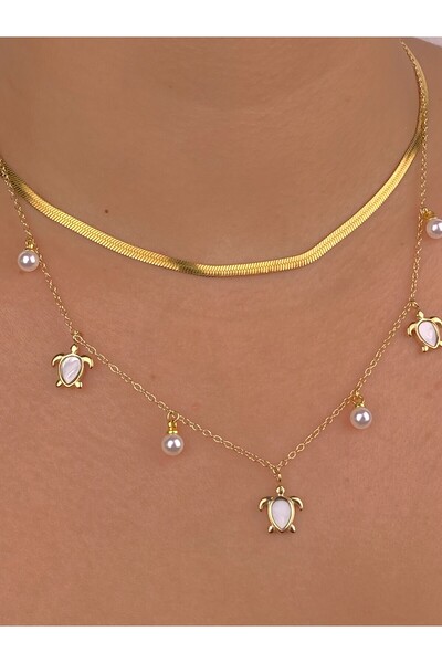 Furtek Aksesuar Karetta Turtle Pendant Multi Steel Non-Tarnish Necklace Combination Set Italian Chain Gold Plated