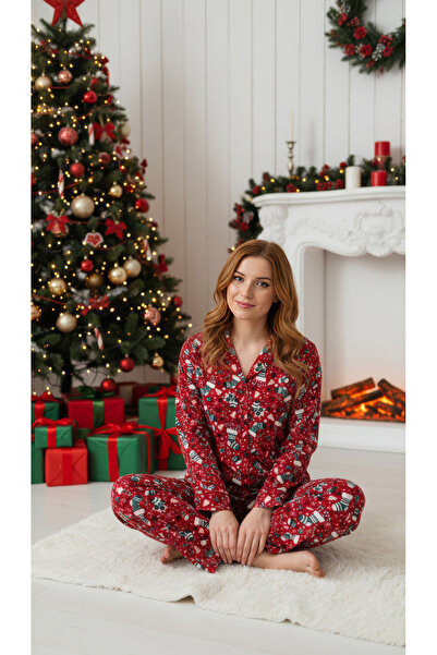 rindahomewear Women's Christmas Themed Patterned Soft Textured Suede Knitted Pajama Set