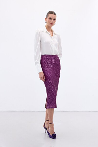 Sateen Fusta creion cu detaliu cu paiete - Prune