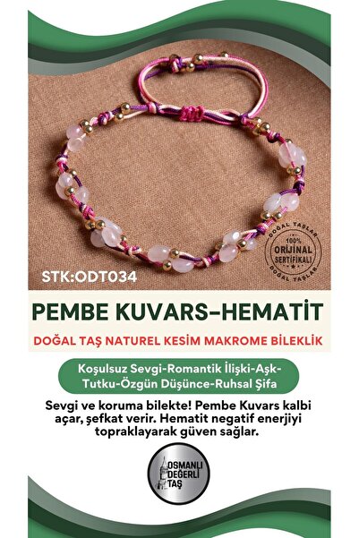 OSMANLI DEĞERLİ TAŞ Sertifikalı Pembe Kuvars-Hematit Doğal Taş Makrome Bilekl...