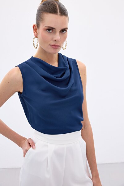 Sateen Degaje Collar Sleeveless Blouse - Indigo