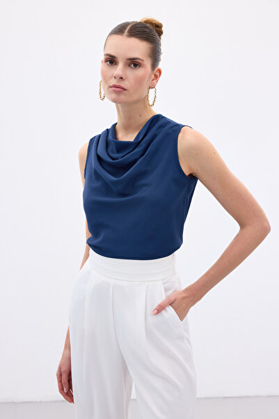 Sateen Degaje Collar Sleeveless Blouse - Indigo