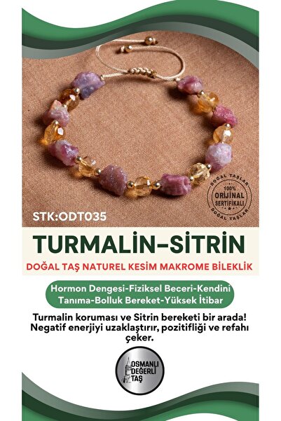OSMANLI DEĞERLİ TAŞ Sertifikalı Turmalin-Sitrin Doğal Taş Makrome Bileklik OD...