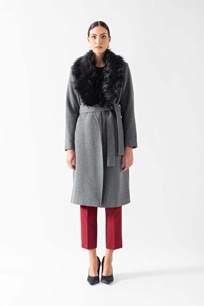 Spazio Pivetti Yakası Kürklü Kuşaklı Kaban GRİ