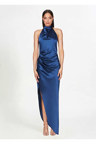 elissaa HALTER YAKA UZUN YIRTMAÇLI SATEN ABİYE ELBİSE