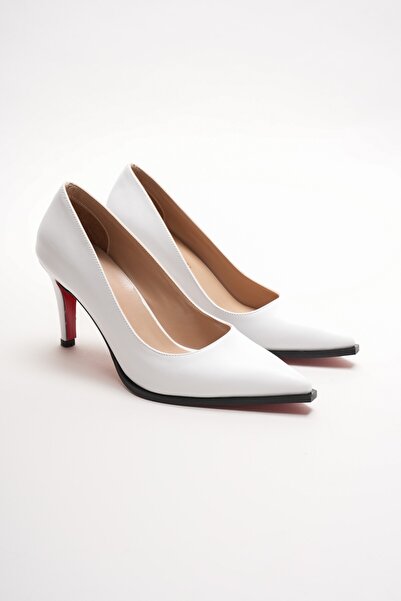 Lizzu White Leather Pointed Toe Stiletto Red Sole Heeled Shoes Stylish Evening Dress Classic Casual