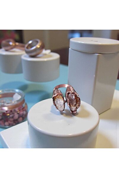 KUŞ TÜYÜ STORE Doğal Sitrin İkili Taş Ayarlanabilir Bakır Kadın Yüzük