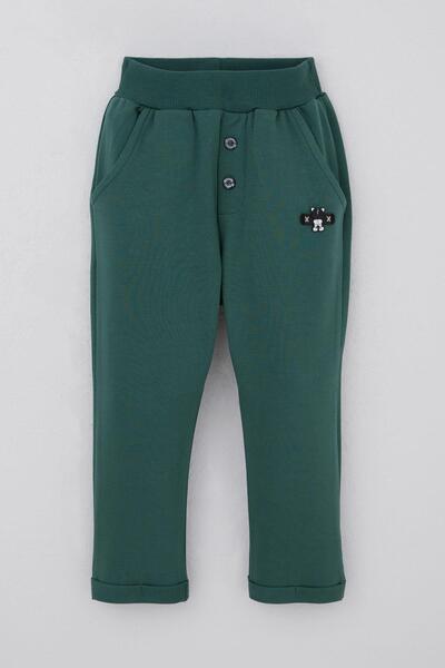 Breeze Baby Boy Sweatpants with Teddy Bear Embroidery, Pack of Button Accent for 9 Months-3 Years, Emerald Green