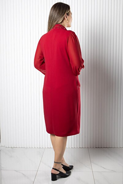 SUBU TASARIM Φόρεμα σιφόν με μανίκια μίντι μήκους κόκκινο TBS980