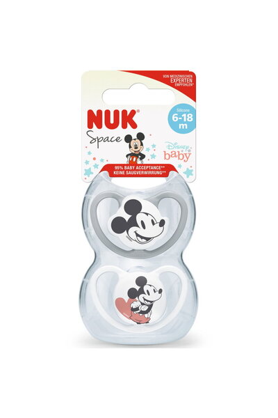 Nuk Space Mickey Pacifier, Silicone, 6-18 Months, Orthodontic Shape, Set of 2Pcs/Box, Gray/White