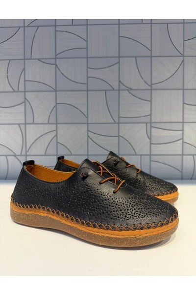 Anıl Ayakkabı Napa 8208 Women's Black Genuine Leather Rubber Lace Detail Casual Sports Shoes