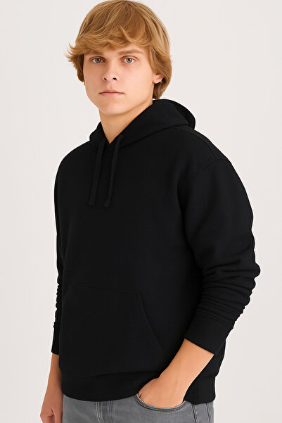 DeFacto Regular Fit Hooded Soft Inside Furry Kangaroo Pocket Basic Plain Swea...