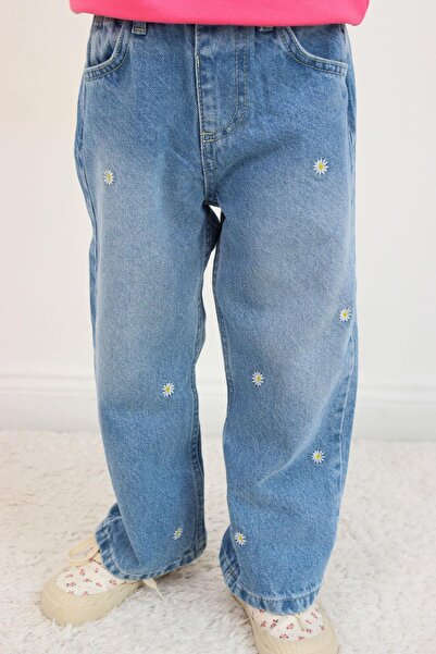 Breeze Girl's Jean Pants with Daisy Embroidery and Buttons, Ages 1.5-5, Light Blue