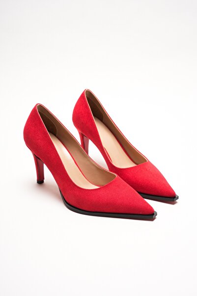 Lizzu Red Suede Pointed Toe Stiletto Red Sole Heeled Shoes Stylish Evening Dress Classic Casual
