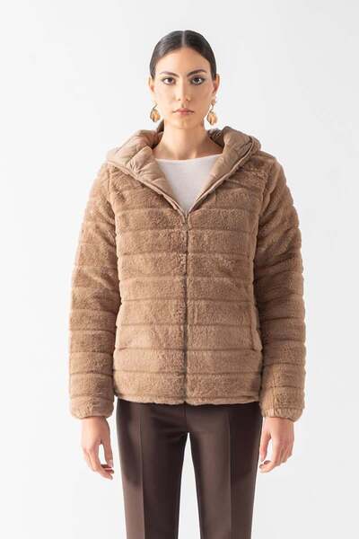 Spazio Ranuccio Çift Taraflı Kapitoneli Peluş Kapüşonlu Mont CAMEL