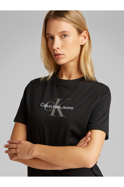 Calvin Klein Women Black Hero Monogram Logo Classic Crew Neck T-Shirt