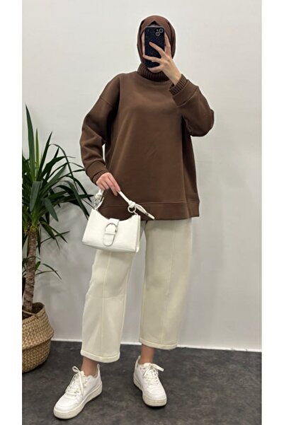 Suede Style 5318 - Comfortable, Loose Sleeve Collar Knitwear Detailed Women's Sweatshirt