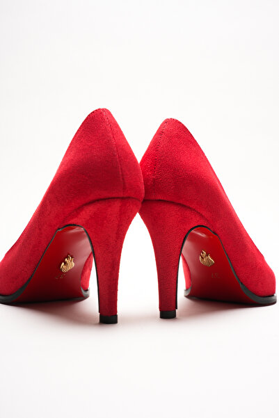 Lizzu Red Suede Pointed Toe Stiletto Red Sole Heeled Shoes Stylish Evening Dress Classic Casual