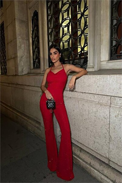 Neşeli Butik Women's Thin Strap Halter Neck Glitter Jumpsuit Nbdf149