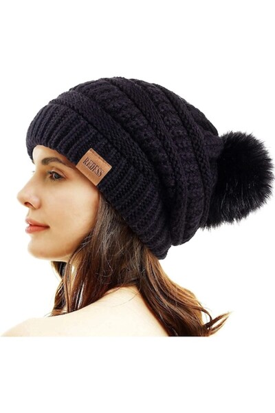 Redess Winter Beanie with Cuff and Pompom, Fleece Lining, Black, One Size