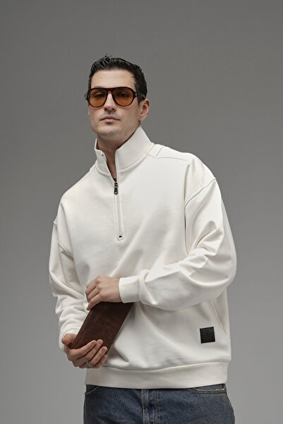 Butik Trend Biz Mock Neck Zippered Embroidered Back Oversized Sweatshirt