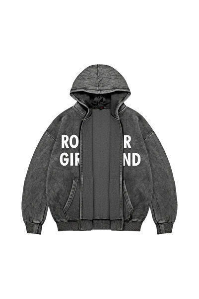 Sokak Butik Rockstar Girlfriend Fermuarlı Zip Kapüşonlu Unisex Yıkamalı Siyah Sweatshirt