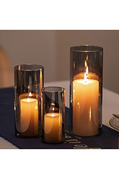 Romadedi Set suporturi lumânări cilindrice din sticlă gri, 3 buc (12-25 cm)