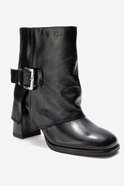 LuviShoes Lore Black Wrinkled Patent Leather Genuine Leather Buckle Women's Heeled Boots
