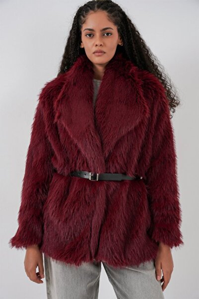 ALPACO Palton din shearling supradimensionat cu centură 9156 - Roșu Claret
