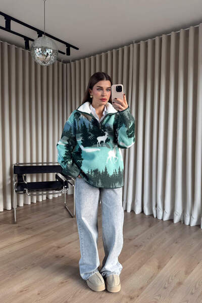 Sue Store Φούτερ με μισό φερμουάρ oversized από βελούδινο υλικό