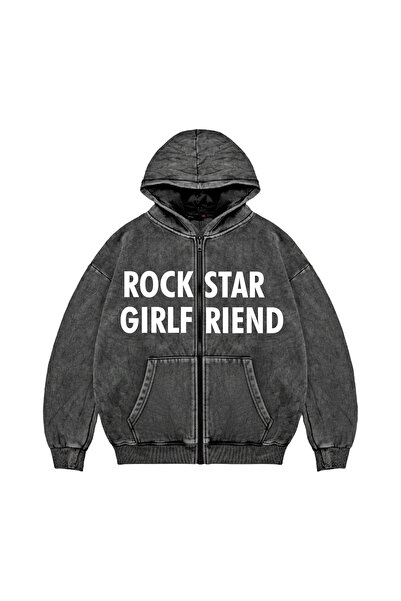 Sokak Butik Rockstar Girlfriend Fermuarlı Zip Kapüşonlu Unisex Yıkamalı Siyah Sweatshirt