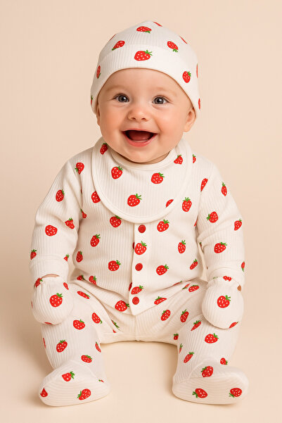 Bebek 5li hastane çıkışı seti çilek desenli