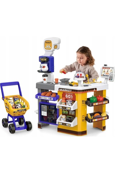 Matadi Yellow/Purple interactive supermarket set with trolley and 65 accessories included, refrigerator, grocery store