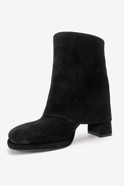 LuviShoes Lore Black Suede Genuine Leather Buckle Women's Heeled Boots