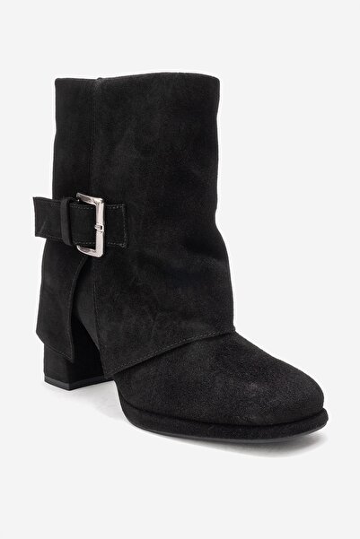 LuviShoes Lore Black Suede Genuine Leather Buckle Women's Heeled Boots
