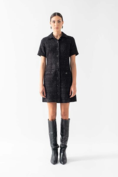 Spazio Dolorina Erkek Yaka Önden Düğmeli Kısa Kol Elbise SİYAH