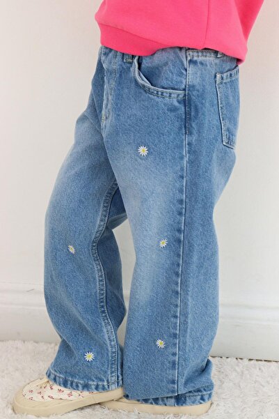 Breeze Girl's Jean Pants with Daisy Embroidery and Buttons, Ages 1.5-5, Light Blue