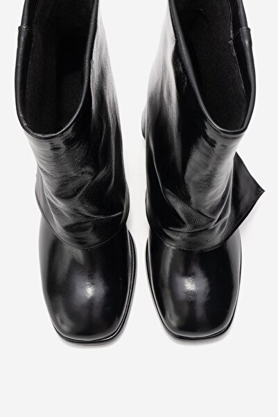 LuviShoes Lore Black Wrinkled Patent Leather Genuine Leather Buckle Women's Heeled Boots