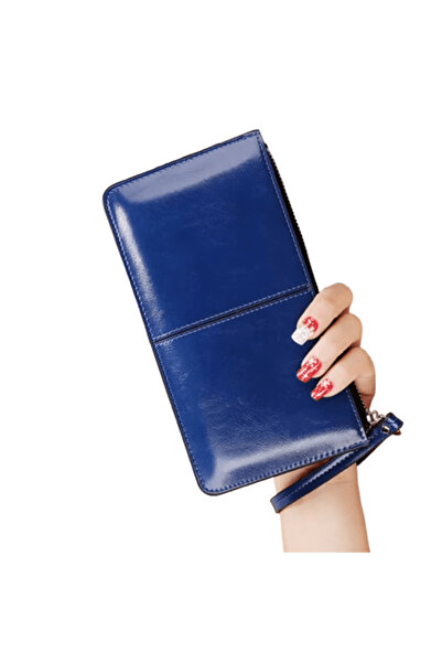 CRM Women's leather wallet, blue, CRM, with zipper, card and coin compartments, 21 x 11.5 cm