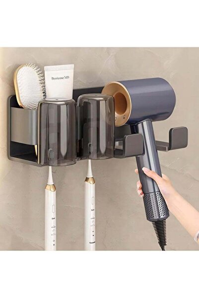 Arabest Hair Dryer Holder Wall Mounted,Rack With Two Toothbrush Storage For,Metal Gray