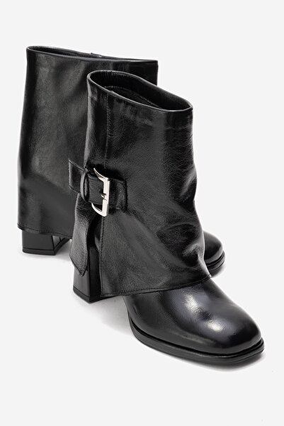 LuviShoes Lore Black Wrinkled Patent Leather Genuine Leather Buckle Women's Heeled Boots