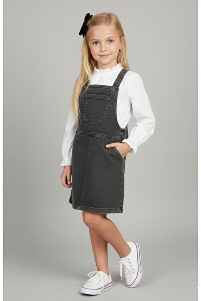 RİNDO Girl's Suspender Button Closure Pocket Denim Jile Dress