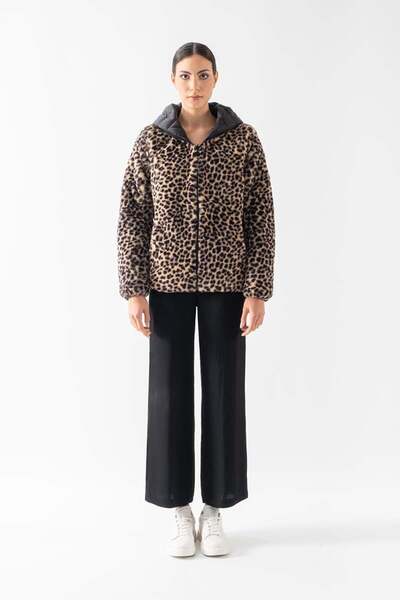 Spazio Tomasino Çift Taraflı Kapitoneli Peluş Leopar Kapüşonlu Mont SİYAH
